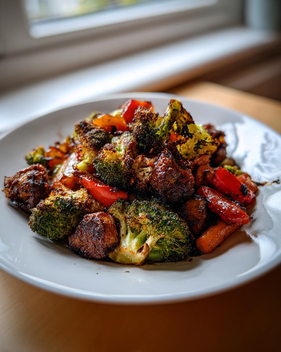 Close-up of perfectly caramelized roasted vegetables including broccoli, carrots, and red peppers on a white plate.