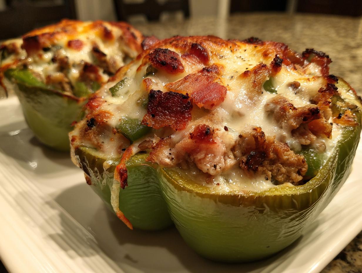 Two baked philly cheesesteak stuffed peppers topped with melted, browned cheese and bacon pieces.