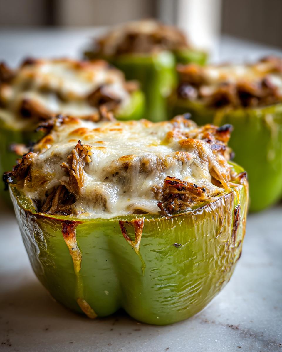 Close-up of a baked green bell pepper half filled with steak and topped with melted, browned cheese, a delicious philly cheesesteak stuffed peppers.