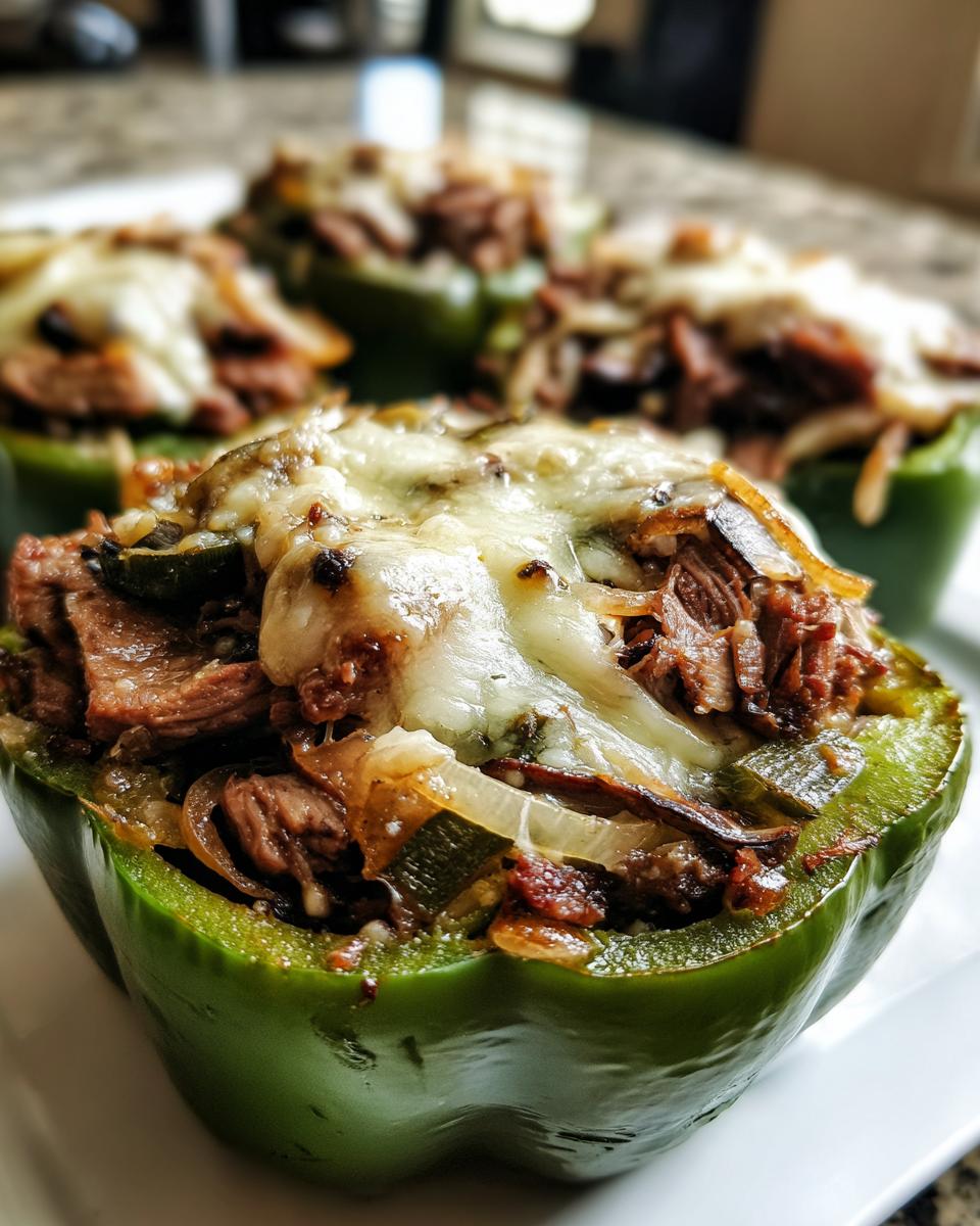 A close-up of a vibrant green bell pepper stuffed with savory steak, onions, and topped with melted white cheese, part of the philly cheesesteak stuffed peppers.