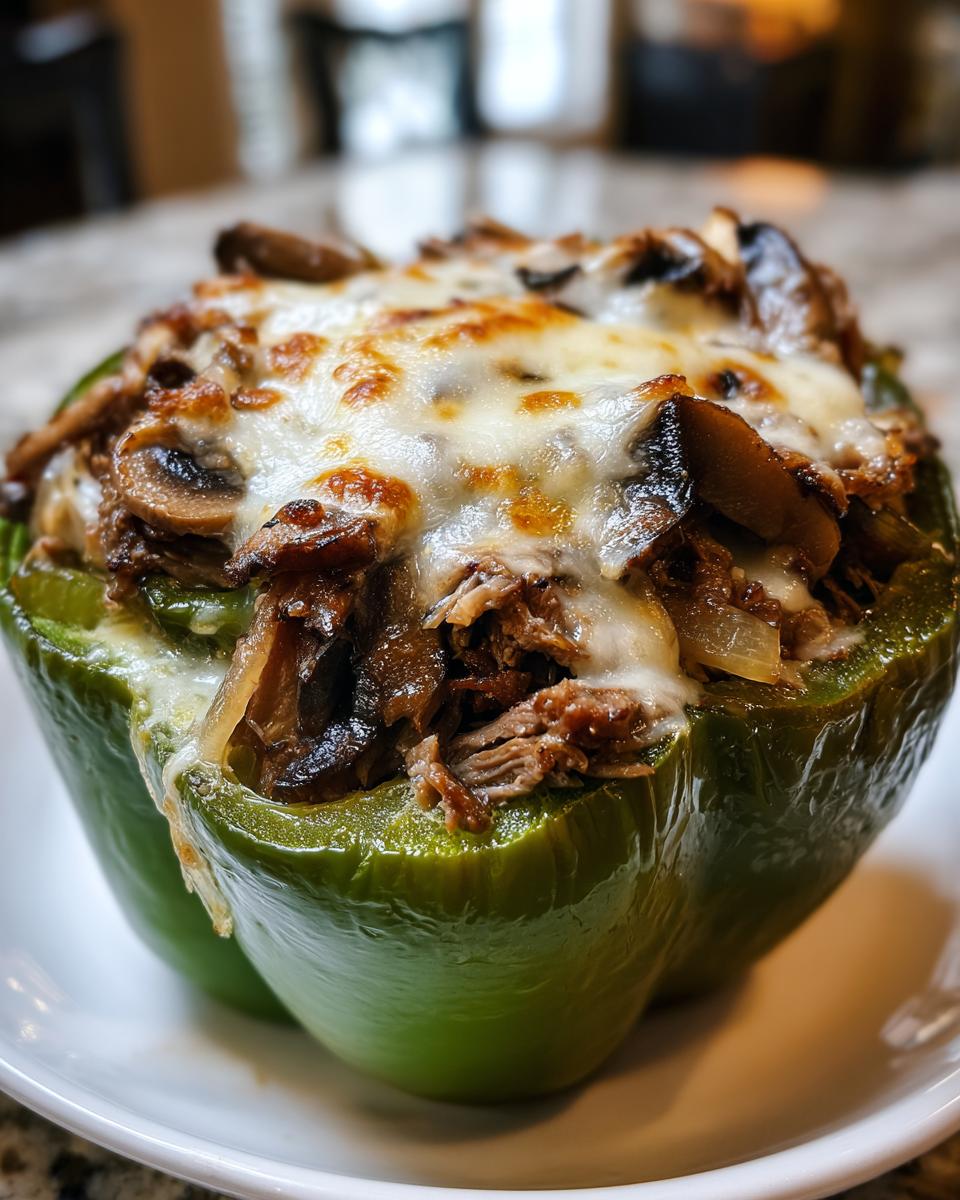 Close-up of a green bell pepper stuffed with shredded steak, mushrooms, and topped with melted provolone cheese for philly cheesesteak stuffed peppers.