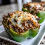 A close-up of a baked green bell pepper filled with steak, onions, and topped with melted provolone cheese, ready to eat philly cheesesteak stuffed peppers.