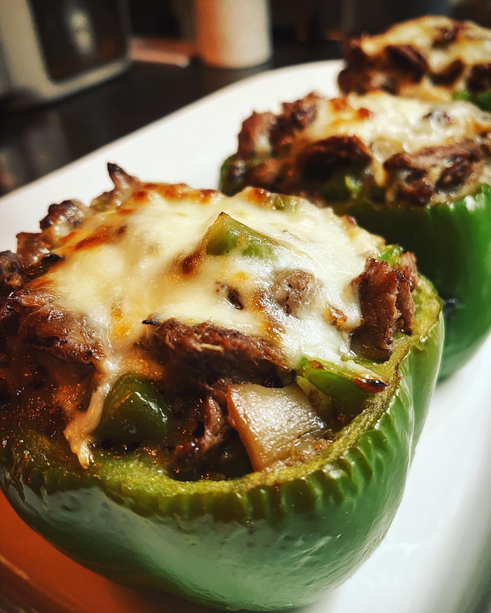 Close-up of baked philly cheesesteak stuffed peppers topped with melted provolone cheese.