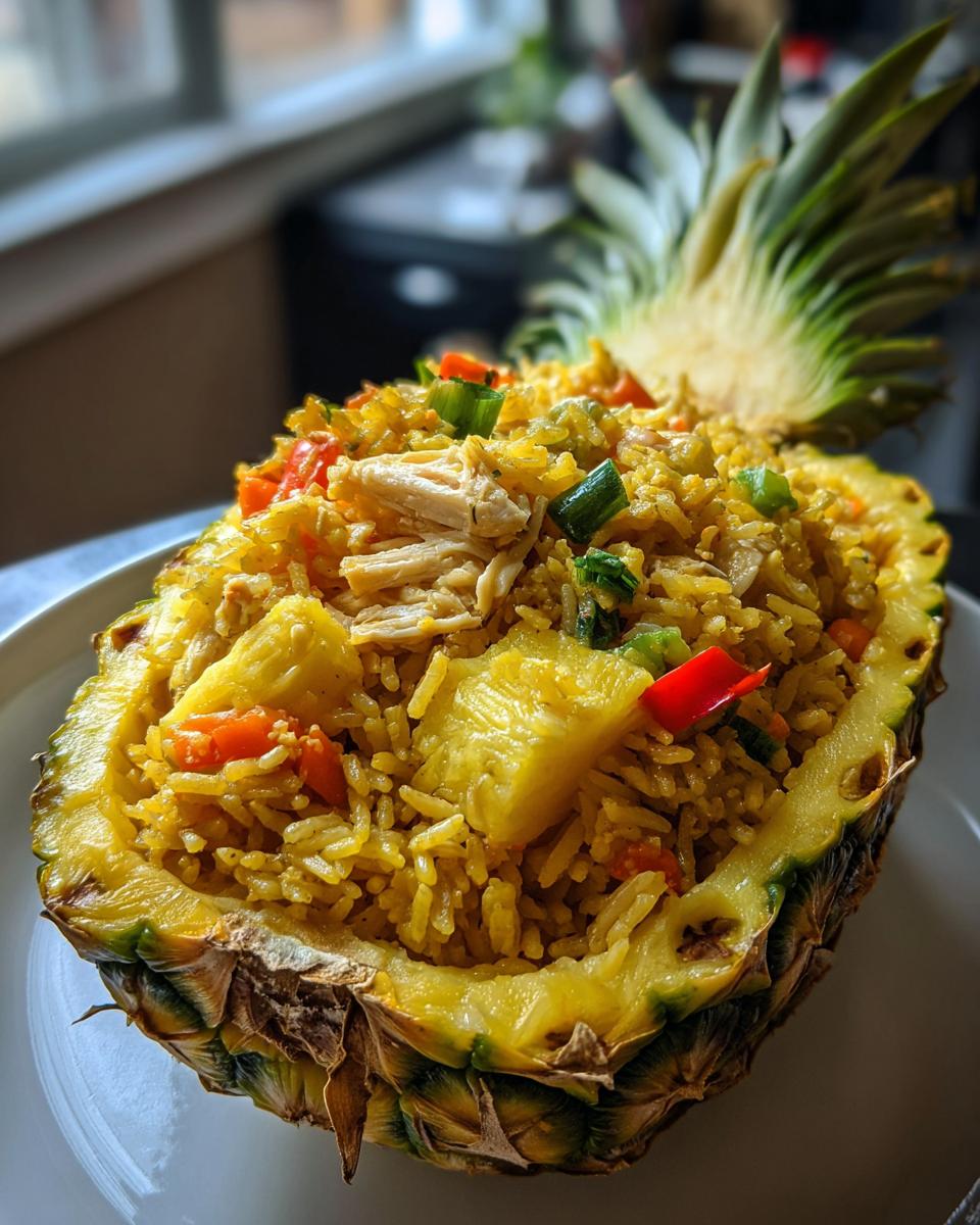 Close-up of vibrant pineapple fried rice served inside a hollowed-out pineapple half.