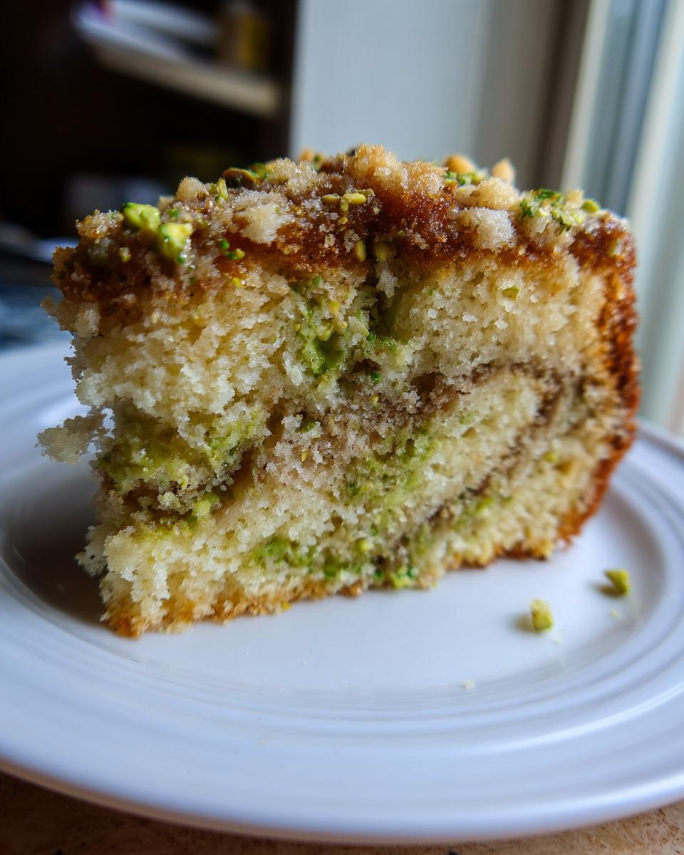 Close-up of a moist slice of pistachio coffee cake showing green pistachio swirls and a brown streusel topping.