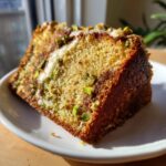 A close-up slice of moist pistachio coffee cake featuring a swirl of filling and topped with chopped pistachios.