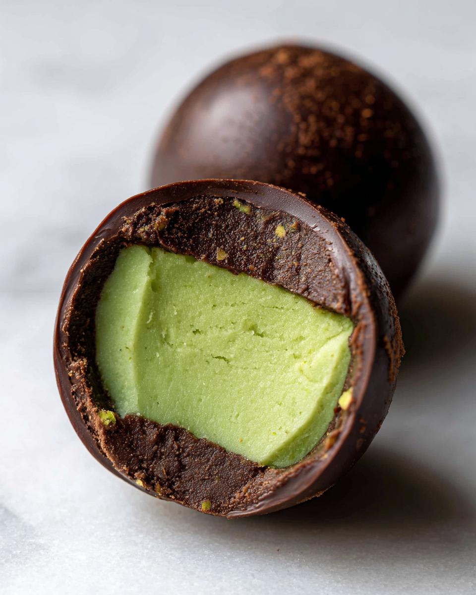 Close-up of a dubai chocolate balls cut in half, revealing a bright green pistachio filling inside a dark chocolate shell.