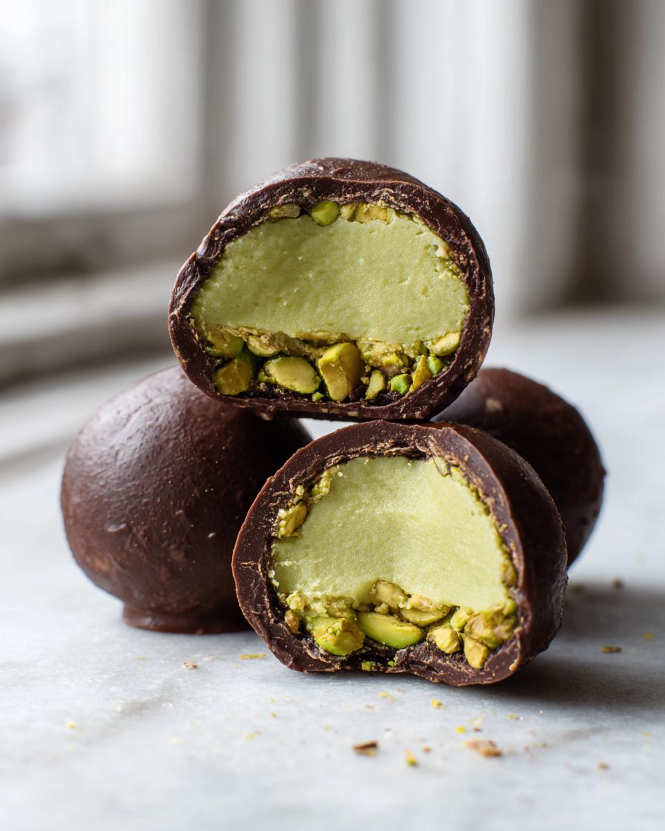 Close-up of dubai chocolate balls cut in half, showing a creamy green pistachio filling surrounded by dark chocolate and chopped nuts.