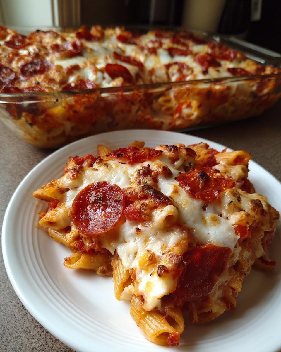 A serving of baked pizza pasta topped with melted cheese and pepperoni on a white plate, with the full pizza pasta casserole dish in the background.