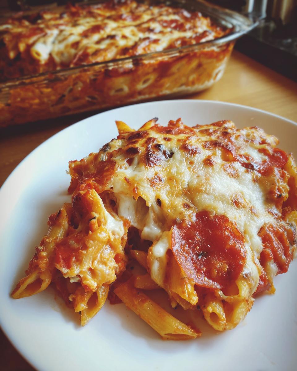 A close-up serving of baked pizza pasta with melted cheese and pepperoni on a white plate.