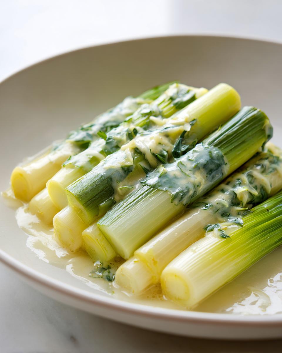 Close-up of tender braised leeks served in a light cream sauce with fresh green herbs.