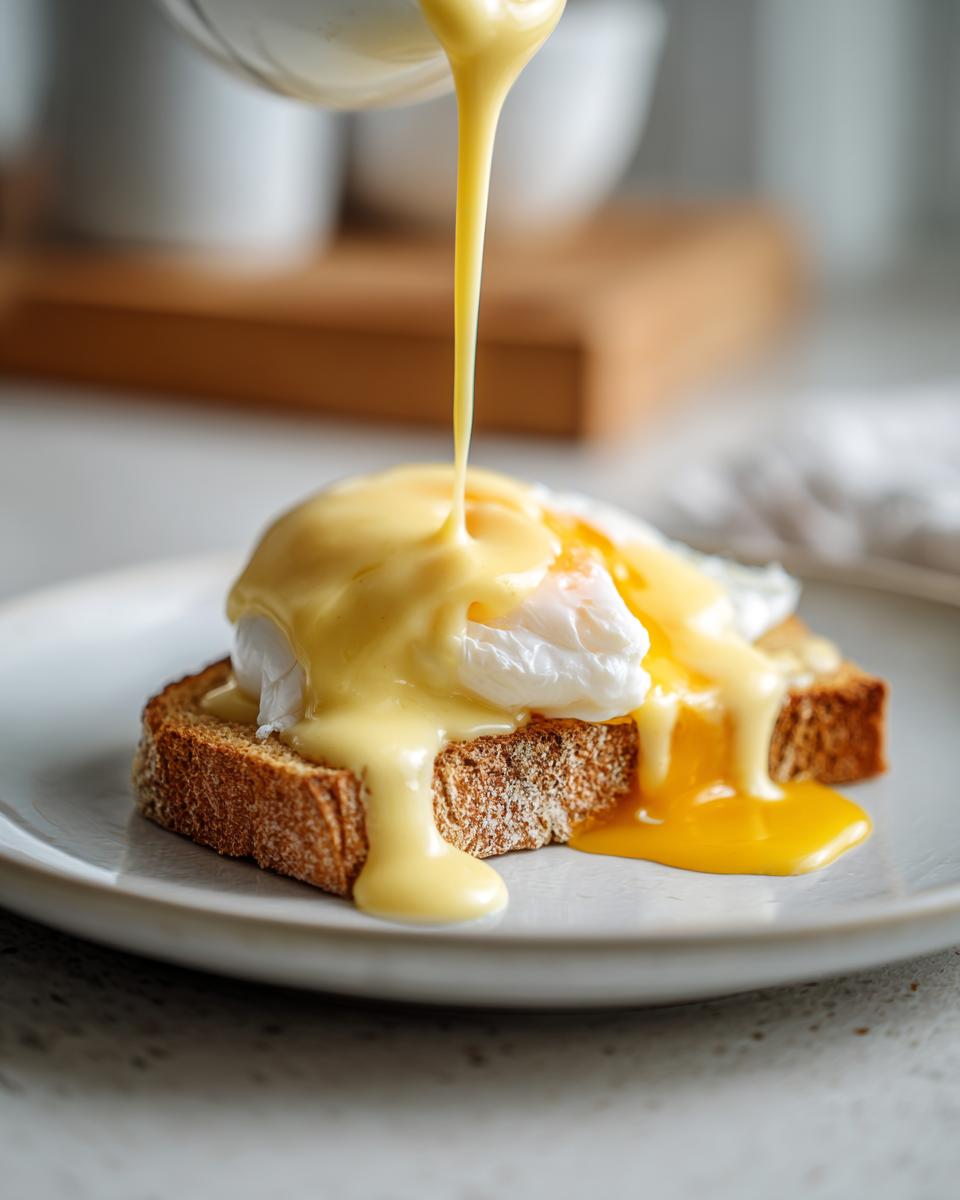 Rich, yellow hollandaise sauce being poured over a poached egg resting on toasted bread.