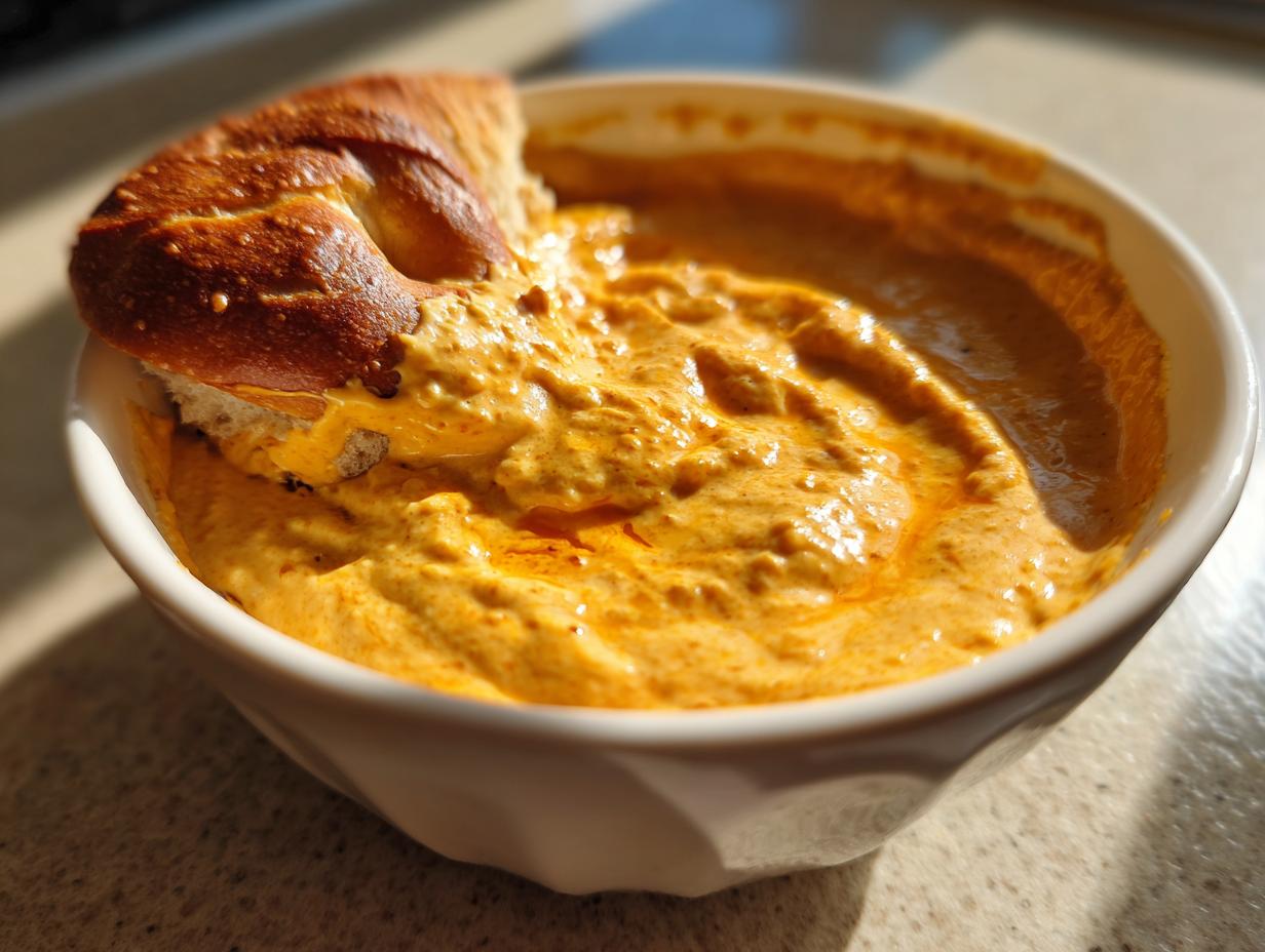 Close-up of a pretzel piece being dipped into a bowl of thick, orange beer cheese pub dip.