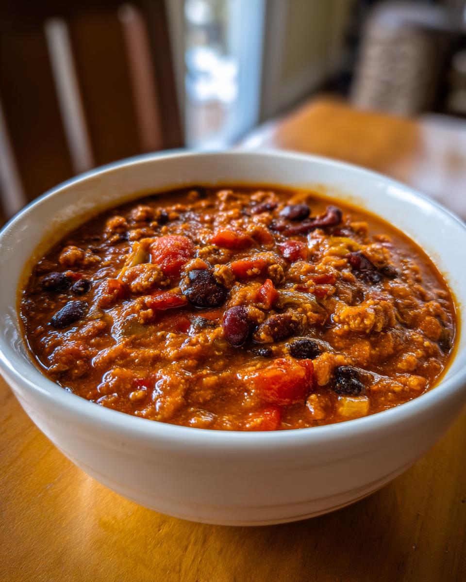 Close-up of a white bowl filled with thick, rich pumpkin chili featuring beans and tomatoes.