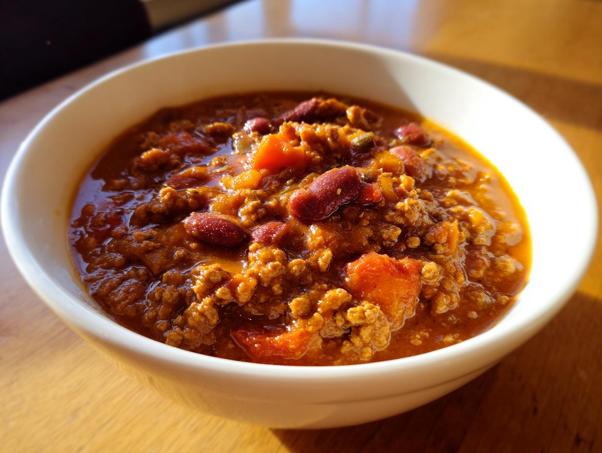 Close-up of a white bowl filled with rich, savory pumpkin chili featuring ground meat, kidney beans, and chunks of pumpkin.