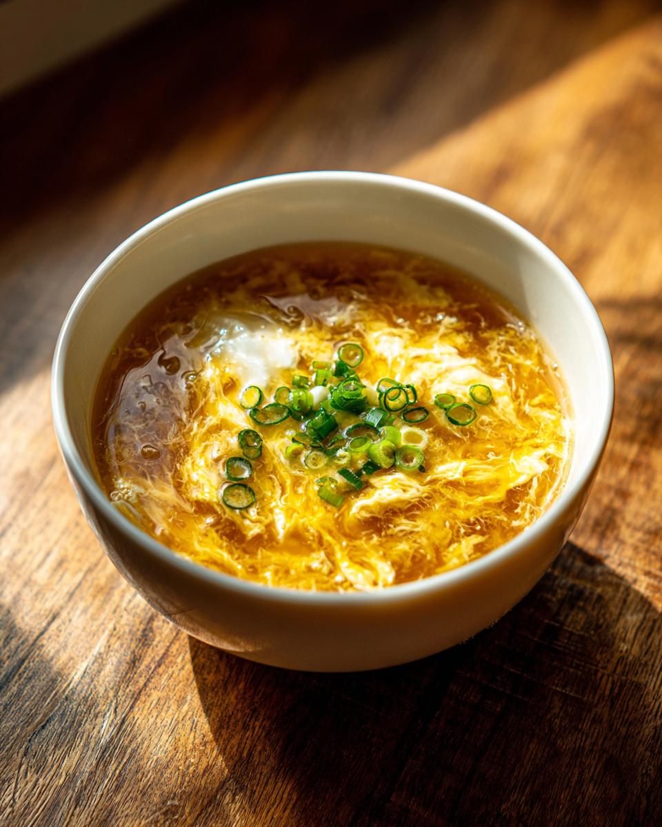 A close-up of a white bowl filled with steaming egg drop soup, garnished with fresh green onions.