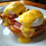 Close-up of two servings of eggs benedict with poached eggs, ham, and rich hollandaise sauce drizzling onto a white plate.