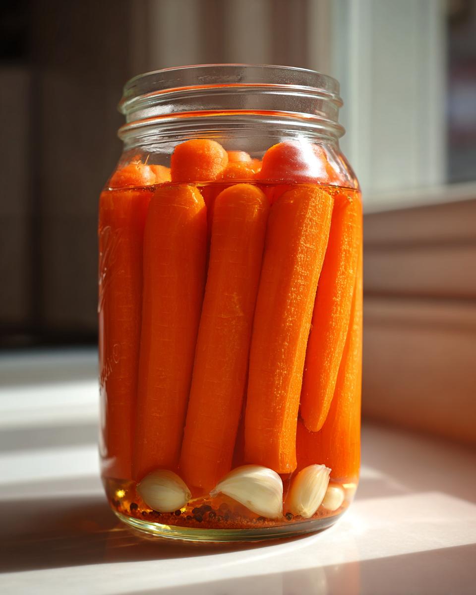 A glass jar filled with whole, bright orange pickled carrots submerged in brine with garlic cloves at the bottom.