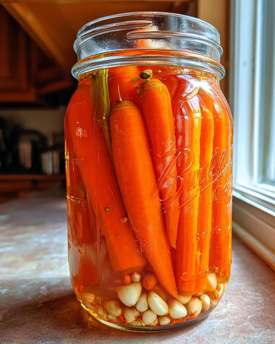 A glass jar filled with whole, bright orange pickled carrots, garlic cloves, and spices submerged in brine.