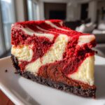 A perfect slice of marbled red velvet cheesecake with a dark crust, showcasing the red and white swirls.