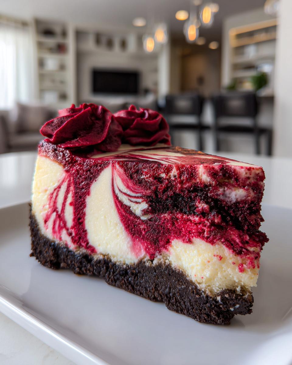 A decadent slice of red velvet cheesecake featuring a dark crust, white and red marbled filling, and topped with red piped frosting roses.