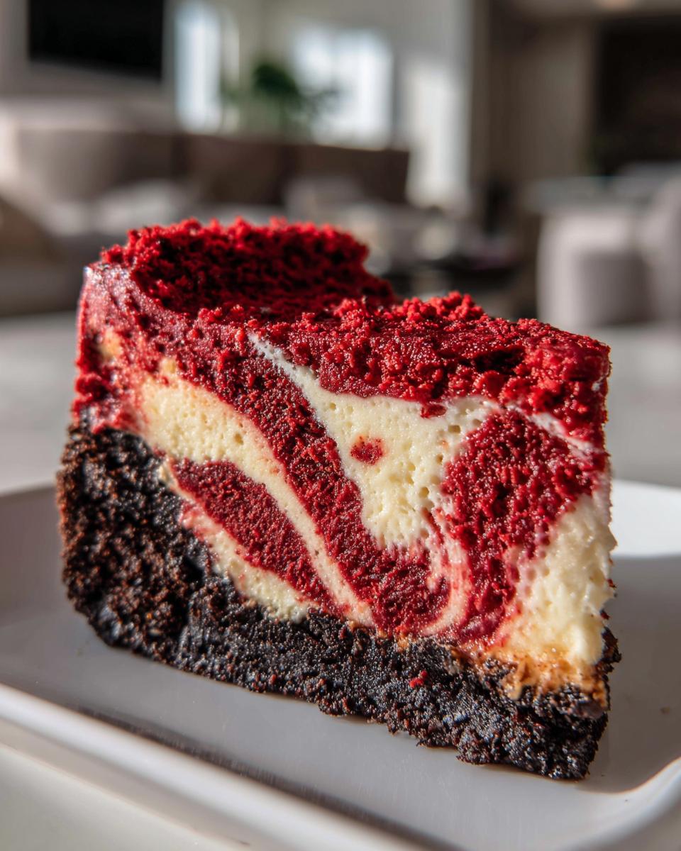 Close-up of a decadent slice of red velvet cheesecake showing red and white swirls and a dark crust.
