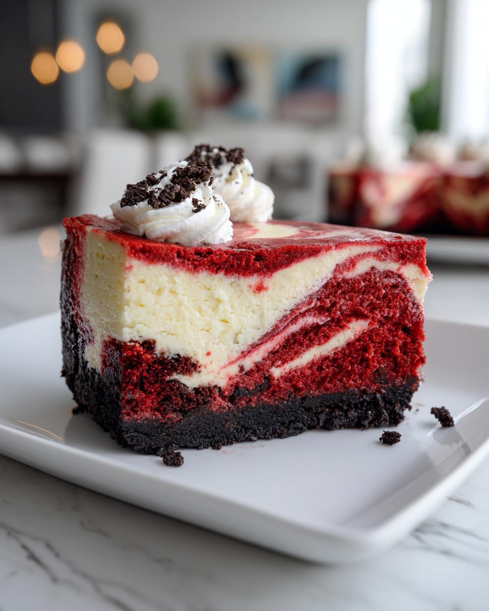 A perfect slice of red velvet cheesecake with white cheesecake swirls, a dark crust, topped with whipped cream and cookie crumbles.