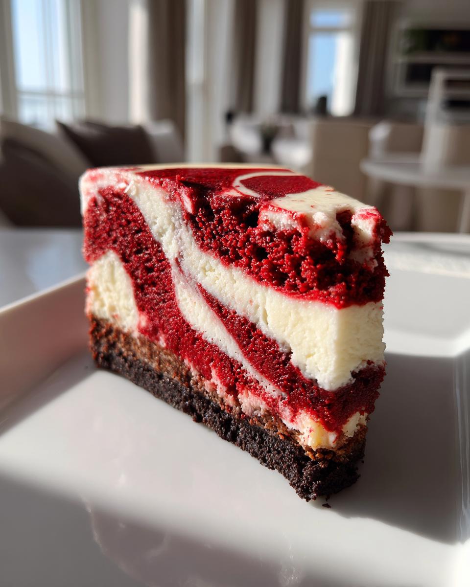 A perfect slice of red velvet cheesecake with white cream cheese swirls on a white plate.