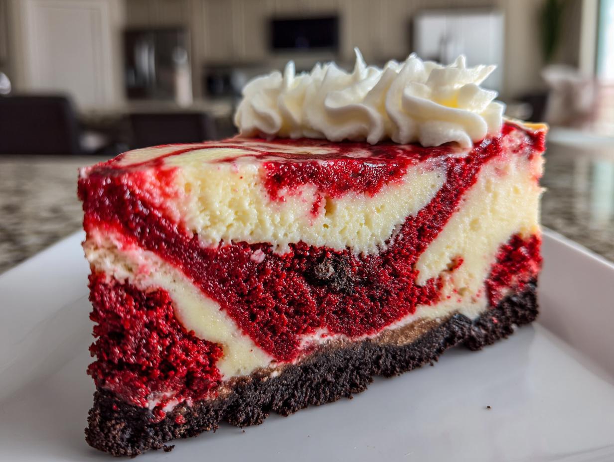 A thick slice of vibrant red velvet cheesecake marbled with cream cheese filling, topped with whipped cream.