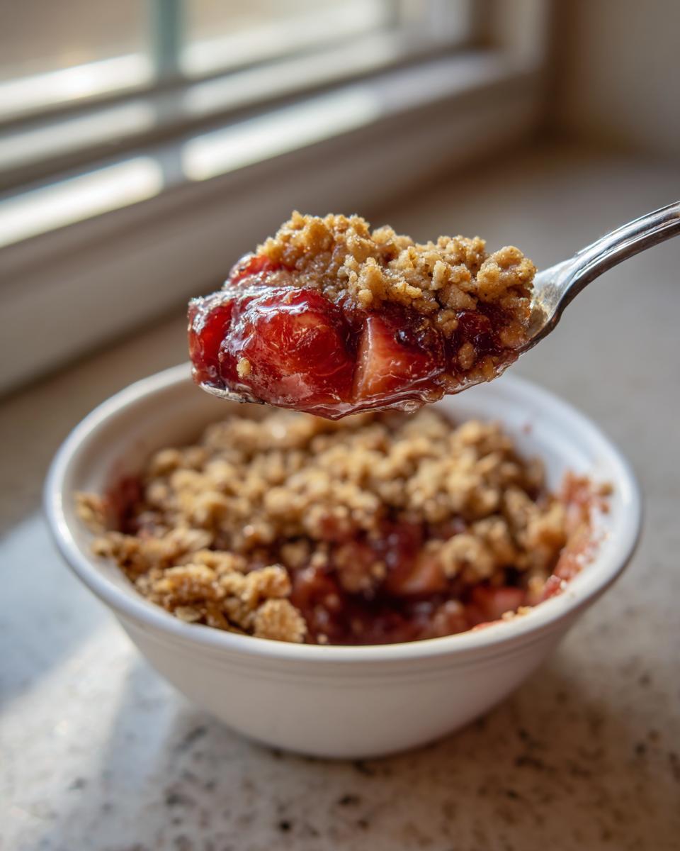 A spoonful of warm, juicy rhubarb crisp topped with golden brown crumble being lifted from a white bowl.