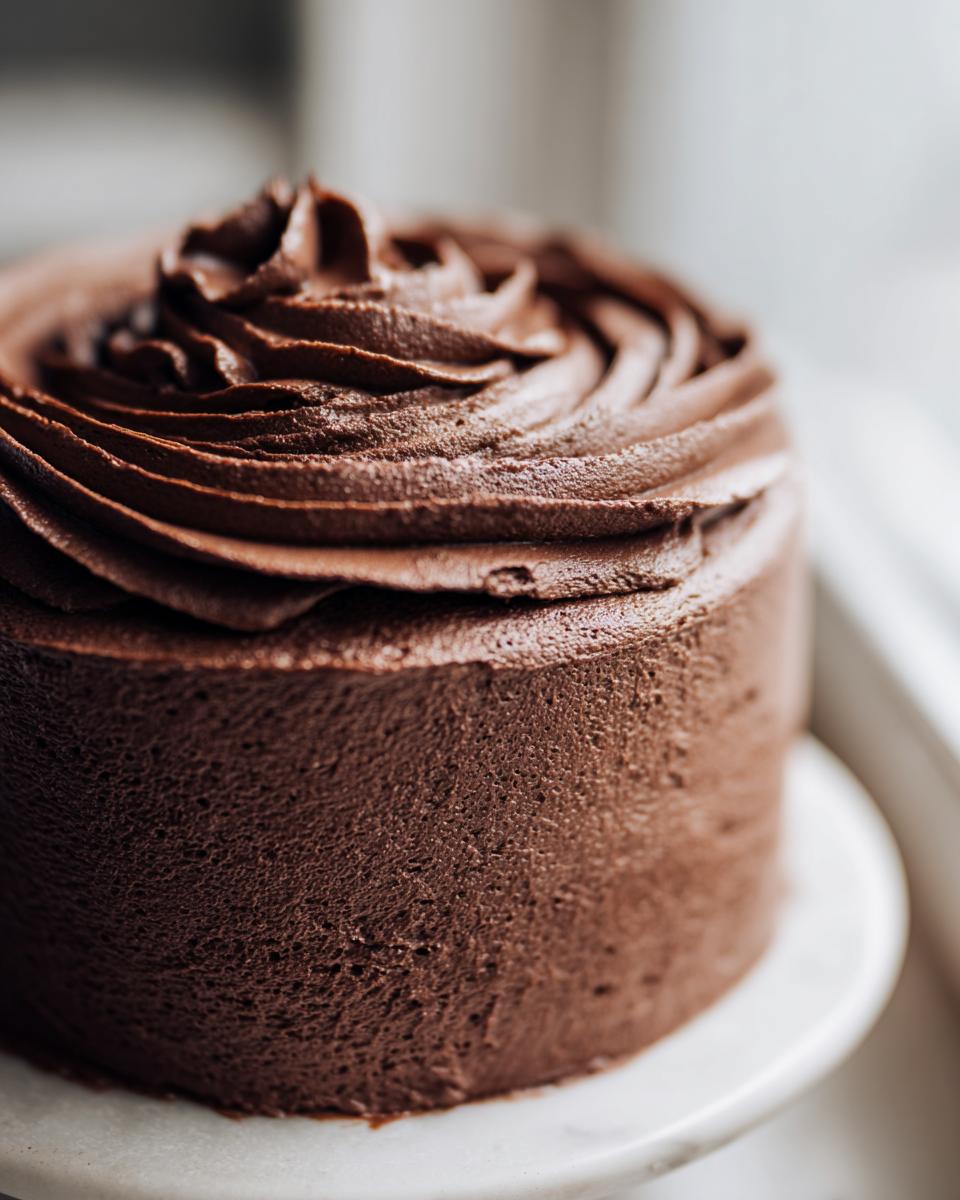Close-up of a small cake generously covered in rich, dark chocolate frosting with piped swirls on top.