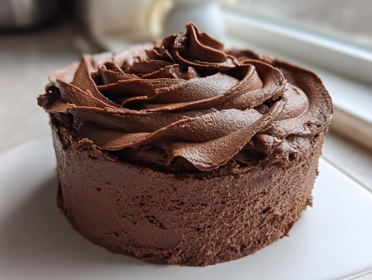 A small, round cake heavily coated in rich, dark chocolate frosting, piped decoratively on top.