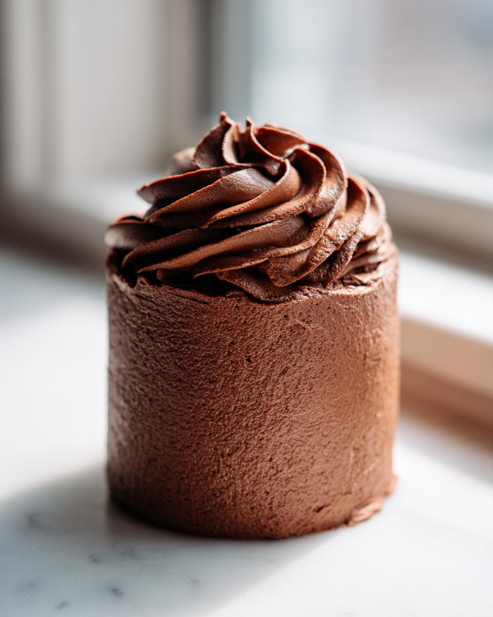 A small, cylindrical cake generously covered in rich chocolate frosting with a piped swirl on top.