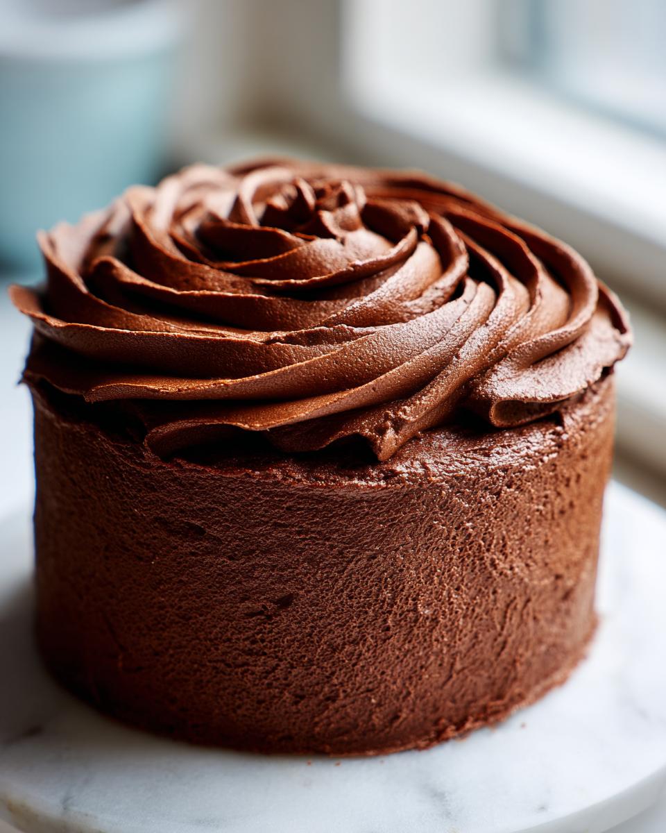 A small, perfectly frosted cake covered in rich, dark chocolate frosting with a piped rose swirl on top.