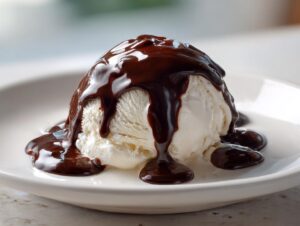 A scoop of vanilla ice cream generously covered in rich, glossy chocolate syrup, served on a white plate.