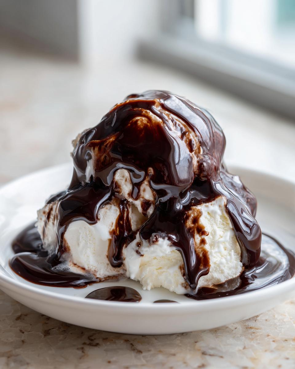 Scoops of vanilla ice cream generously covered in thick, glossy homemade chocolate syrup.