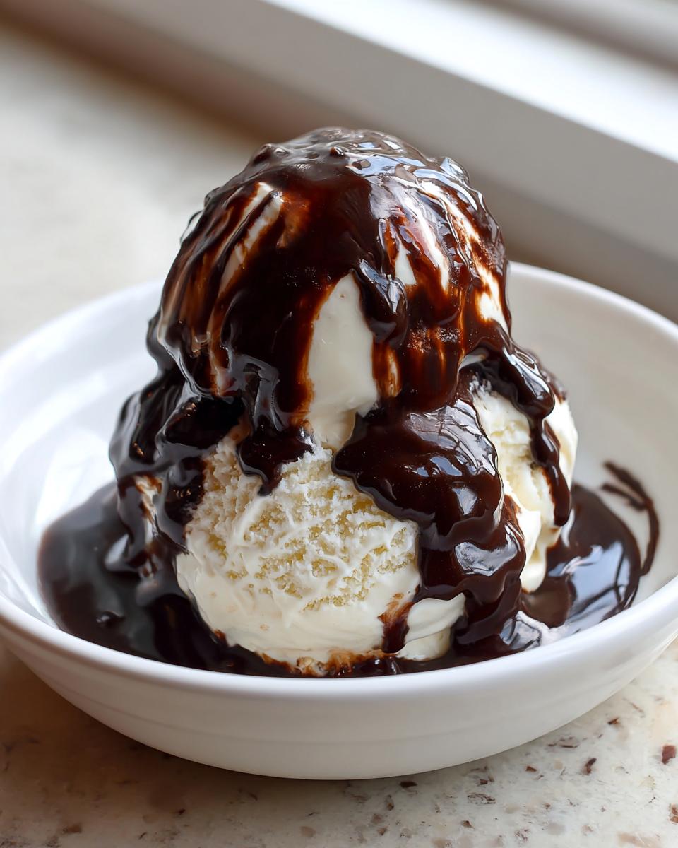 Two scoops of vanilla ice cream generously covered in thick, homemade chocolate syrup in a white bowl.