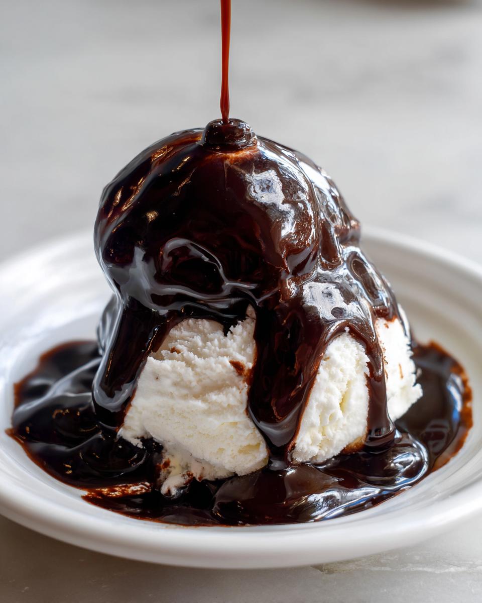 A scoop of vanilla ice cream being generously covered with homemade rich chocolate syrup being poured from above.