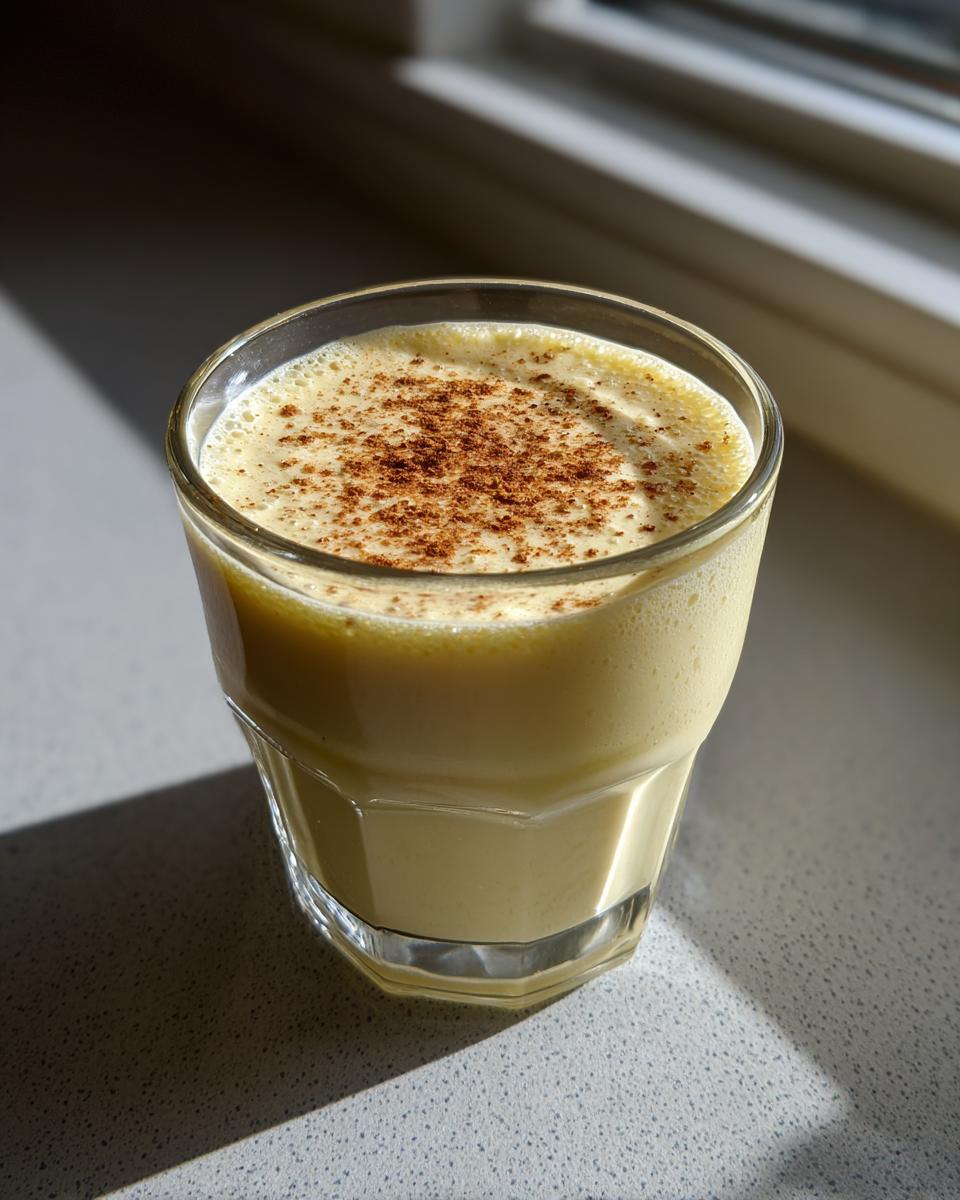 A glass of rich, creamy homemade eggnog topped with a dusting of cinnamon, sitting by a window.