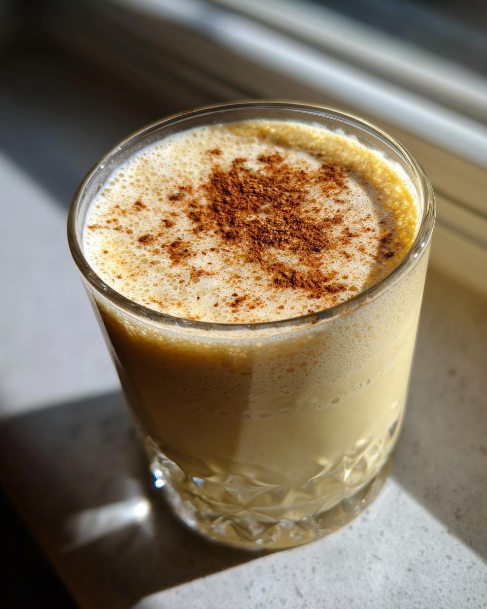 Close-up of a glass filled with rich, creamy eggnog, topped with frothy foam and a dusting of cinnamon.
