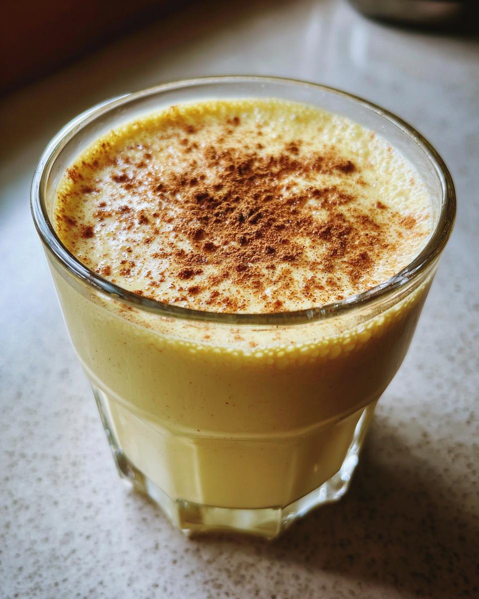 Close-up of a glass filled with rich, creamy yellow eggnog, topped with a dusting of cinnamon.