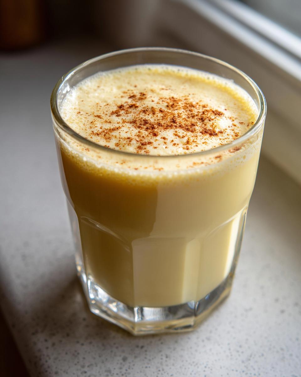 Close-up of a glass filled with rich, creamy eggnog, topped with a dusting of cinnamon.