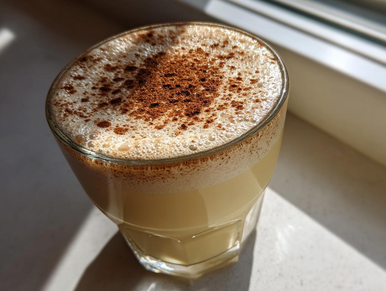 Close-up of a glass of rich eggnog with a thick layer of foam dusted with cinnamon.