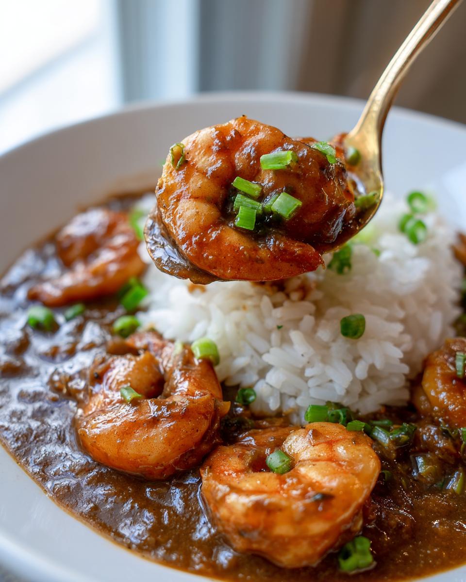 Close-up of a golden spoon lifting a plump shrimp coated in dark sauce from a bowl of shrimp etouffee served over white rice.