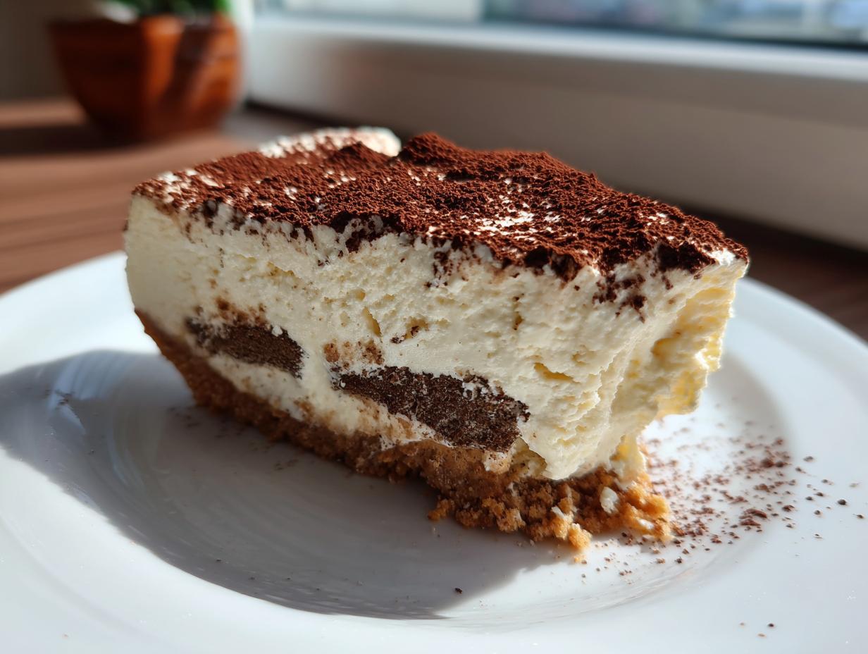 A close-up of a rich slice of tiramisu cheesecake with creamy layers and a dusting of cocoa powder.