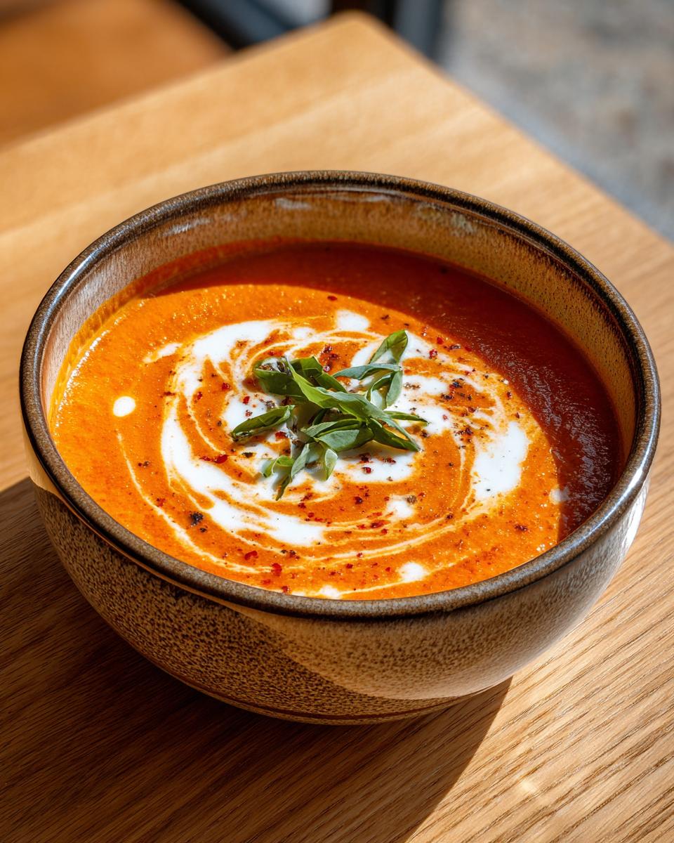 A close-up of a bowl of vibrant orange roasted tomato soup, swirled with cream and topped with fresh herbs.