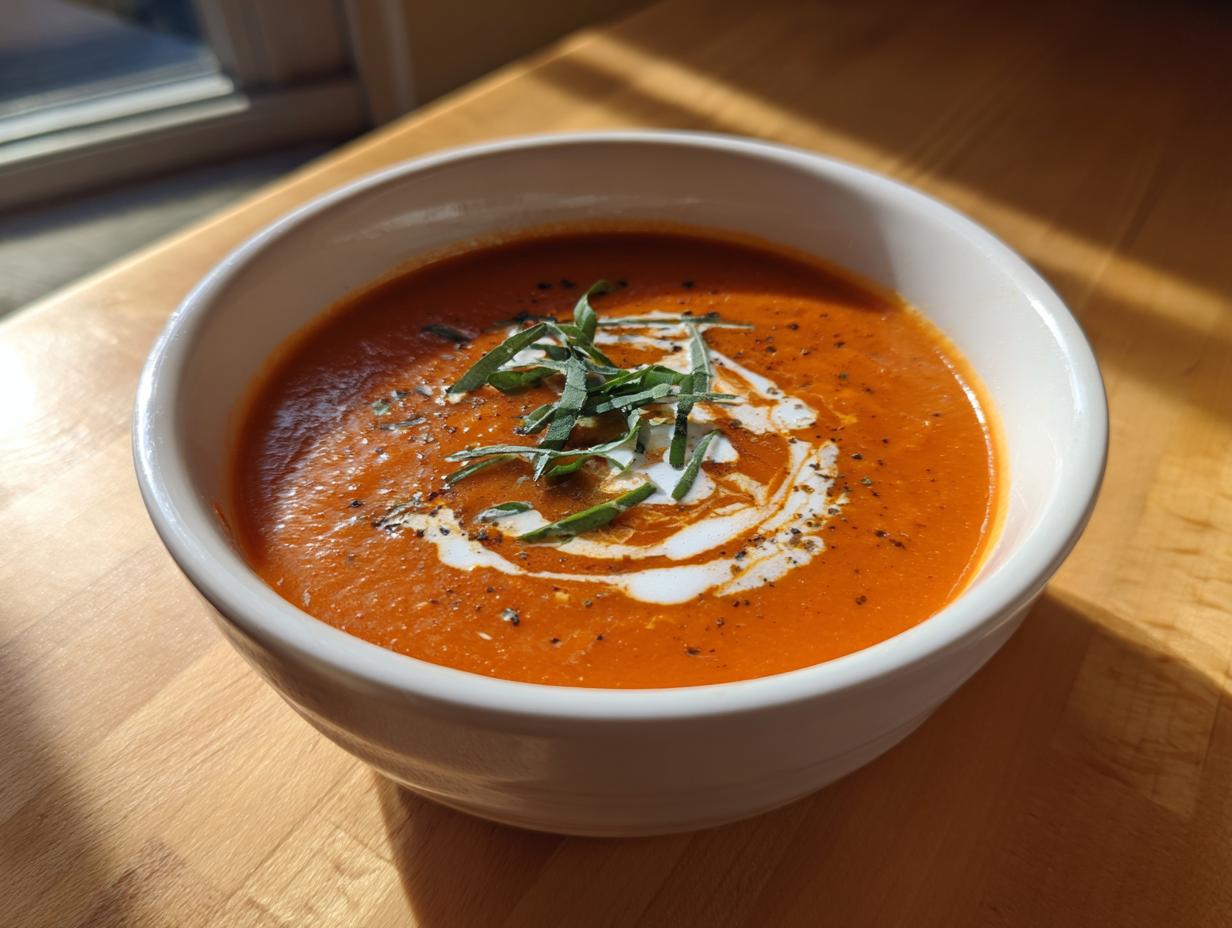 A close-up of a bowl of vibrant orange roasted tomato soup, swirled with cream and topped with fresh herbs.