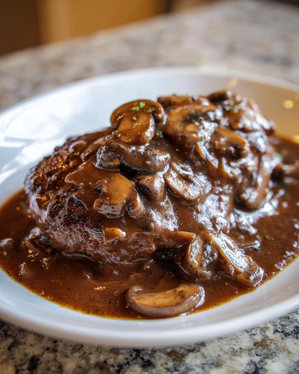 Close-up of a juicy Salisbury steak smothered in rich brown mushroom gravy.