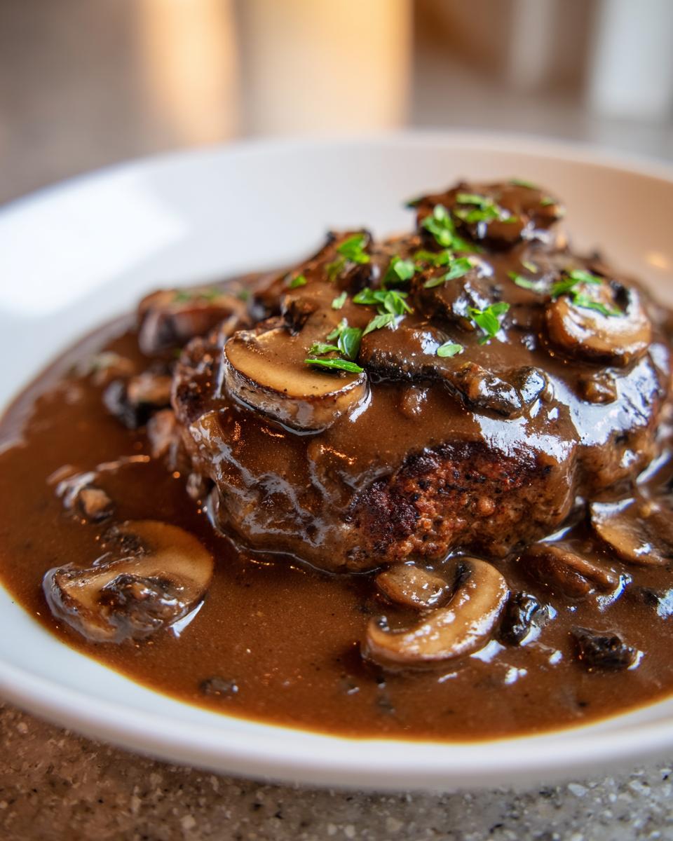 Close-up of a juicy Salisbury steak smothered in rich mushroom gravy and sliced mushrooms.