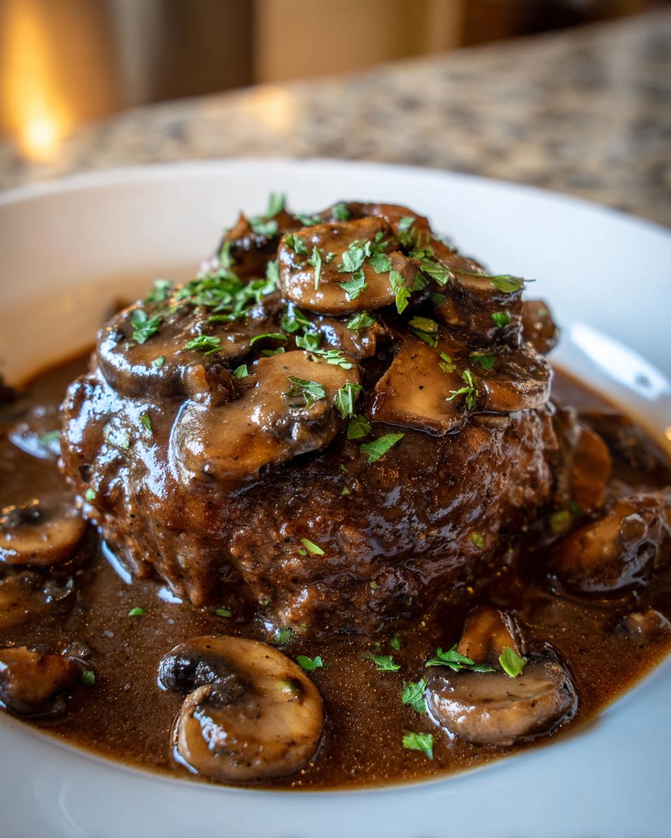 Close-up of a juicy Salisbury steak smothered in rich brown mushroom gravy and topped with fresh parsley.